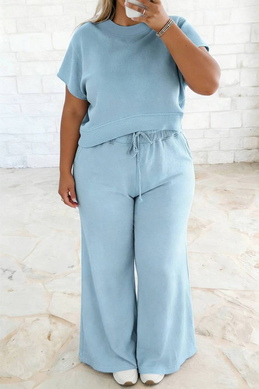 NEW SHEWIN solid ribbed trim short sleeve top drawstring pants sets in light blu